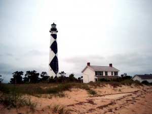 A picture of the cape lookout lighthouse overlooking Shackleford Banks on Harkers Island.