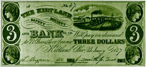 A picture of a three dollar bill mormon bank note. 