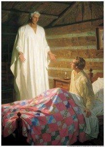 A painting of angel Moroni visiting Joseph Smith at his bedside. 