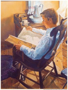 A painting of Joseph Smith who is 12 years old reading the bible. 