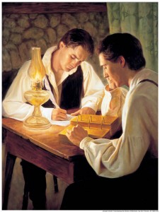 A painting of Joseph Smith Translating the Book of Mormon with Oliver Cowdery across the table from him as his scribe.