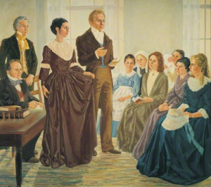 A painting depicting the establishment of the Mormon Female Relief Society on March 17 1842 by Joseph Smith.