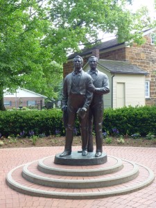 A picture of a statue of Mormon Prophet Joseph Smith and his brother Hyrum Smith at Carthage Jail where they were martryed and died at the hands of a mob