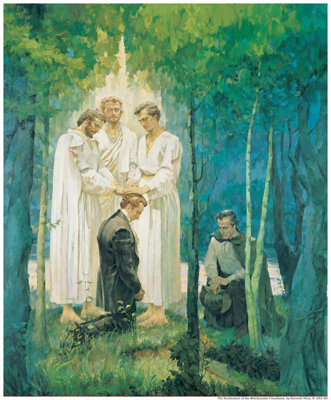 A painting of Peter, James, and John conferring the Melchizedek Priesthood on mormon prophet Joseph Smith and Oliver Cowdery