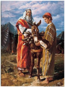 a painting of abraham preparing to sacrifice his only son Isaac.